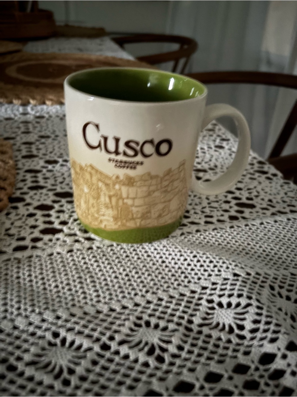 Starbucks Cusco Ceramic Mug with Green Interior and Accent